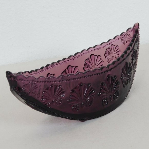 Amethyst Pressed Glass Console Bowl Half Moon Shell Scroll Starburst Vintage - Picture 4 of 8